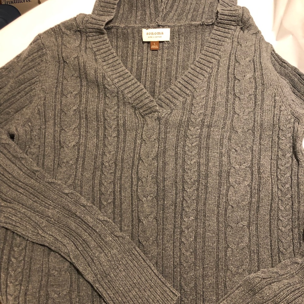 Grey hooded V neck sweater